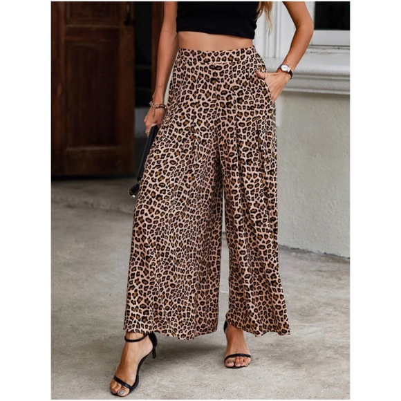 Bellanblue Pants - Boho Camel leopard print Wide leg Palazzo Pocket Pants
